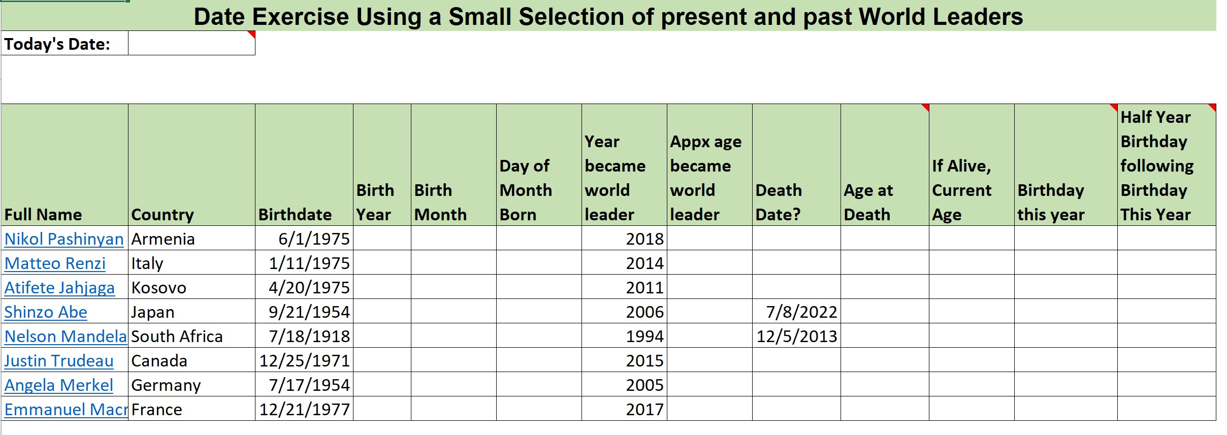 Illustration of a spreadsheet with the birthdates and some other relevant values related to some famous people.