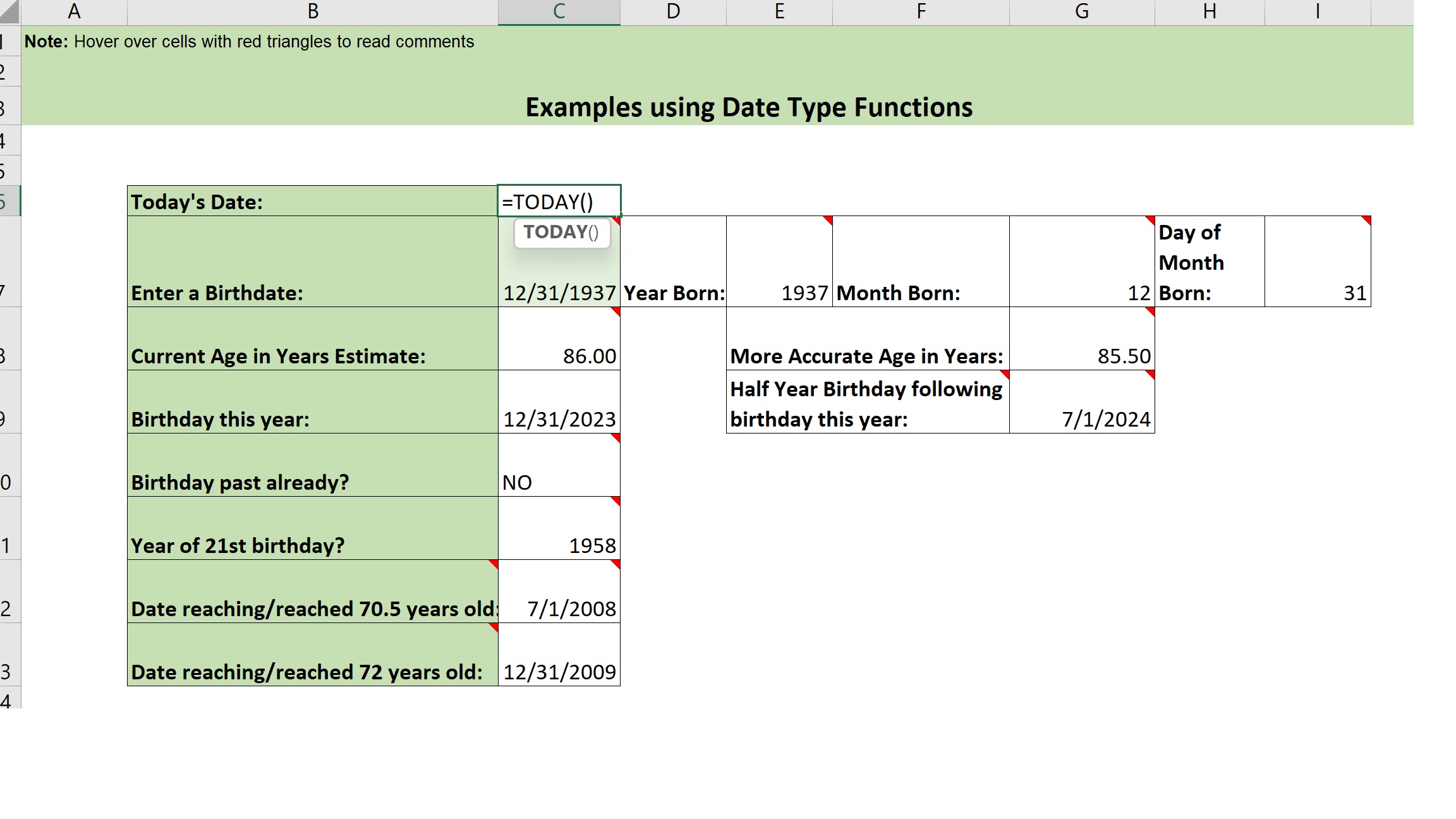 Illustration of Excel's Today Function used with a birthdate to calculate an age.