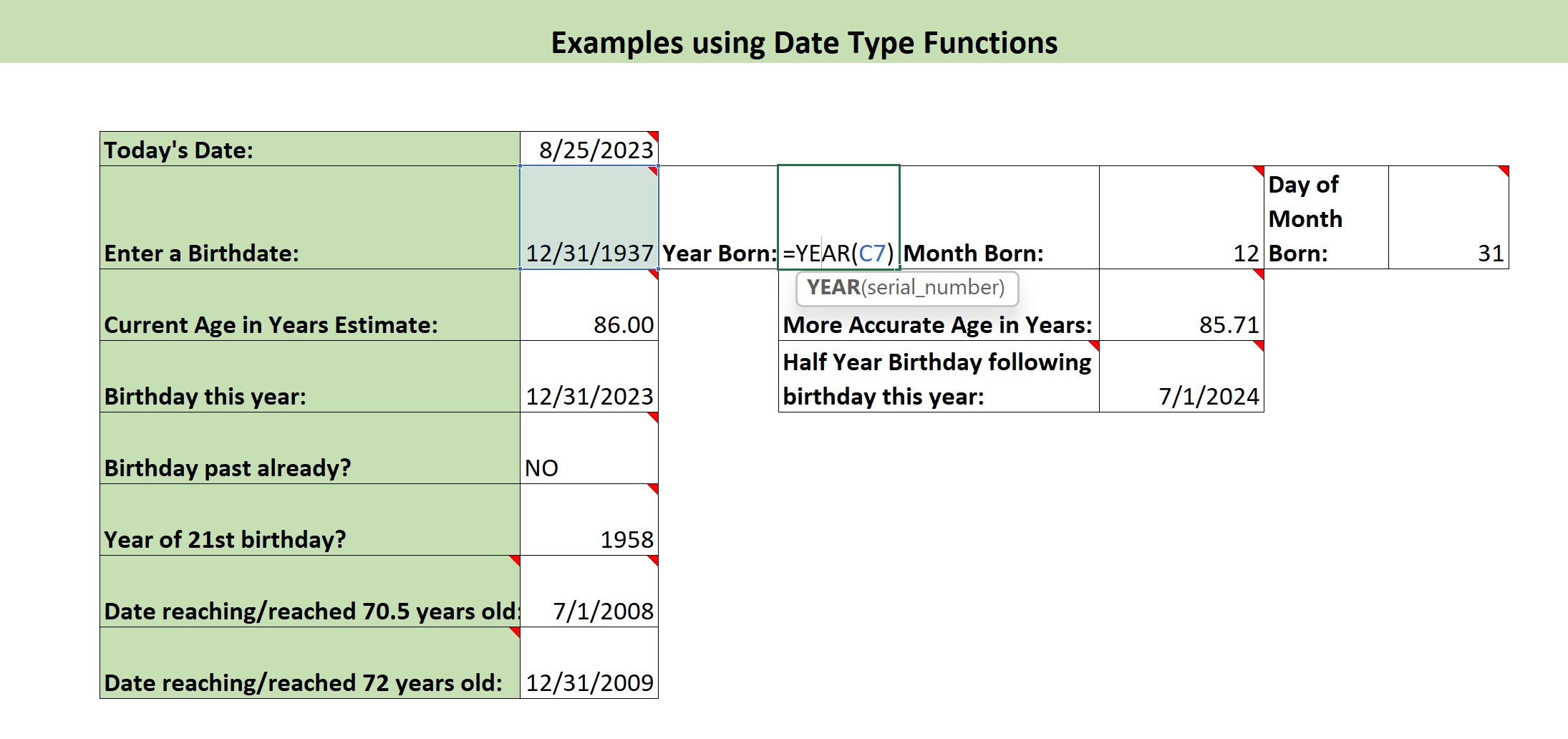 Illustration of a Year function applied effectively