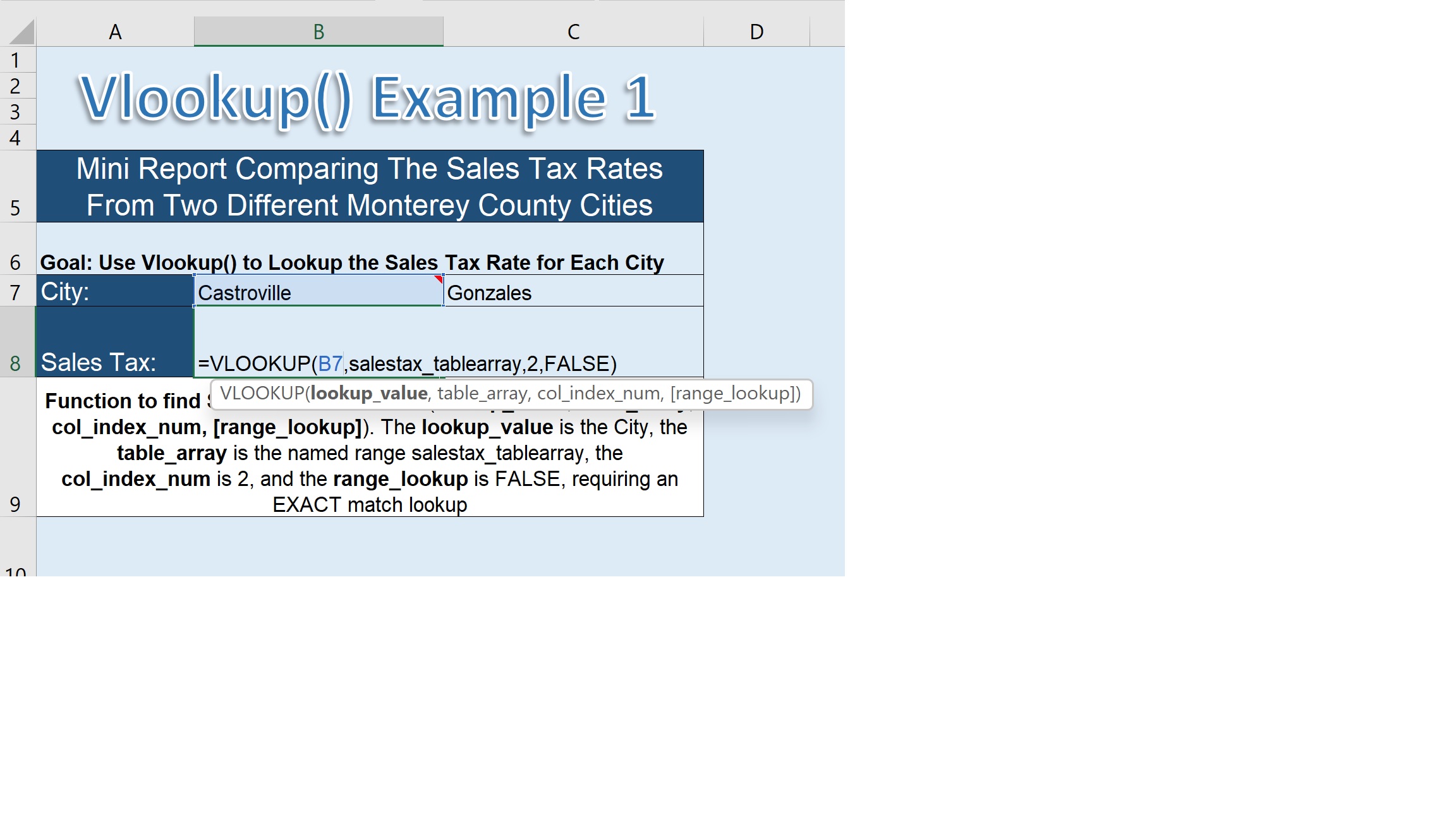 Illustration of Excel's Vlookup Function used to lookup the Sales Tax Rate for a city from a table array