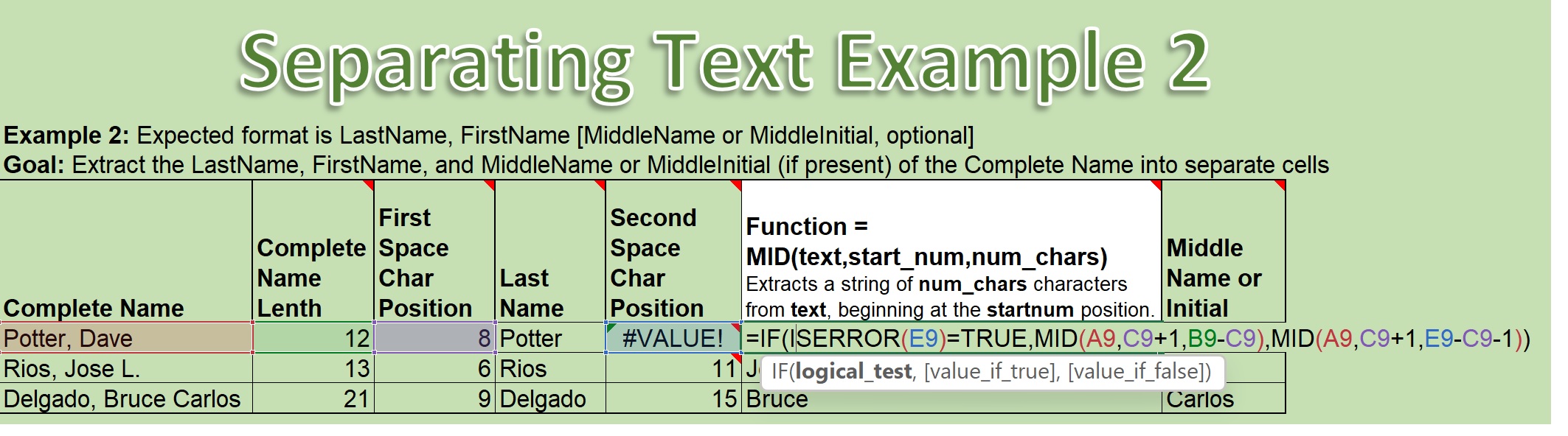 Illustration of Excel's Mid() function used to extract text strings from the middle of "Complete Name" text strings in spreadsheet cells.