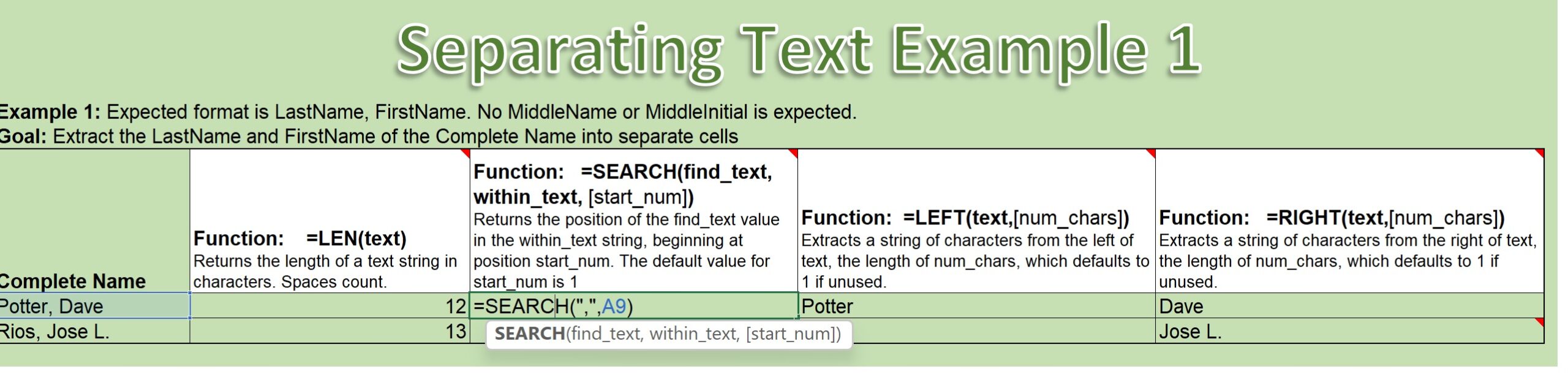 Illustration of the Search() Function used to find the location of a comma in a cell containing a string of characters forming a "complete name."