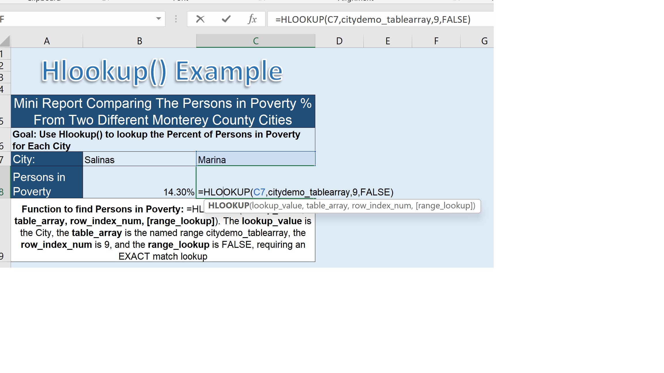 Illustration of Excel's Hlookup Function executing a horizontal lookup on a table of demographic data related to Monterey County Cities.