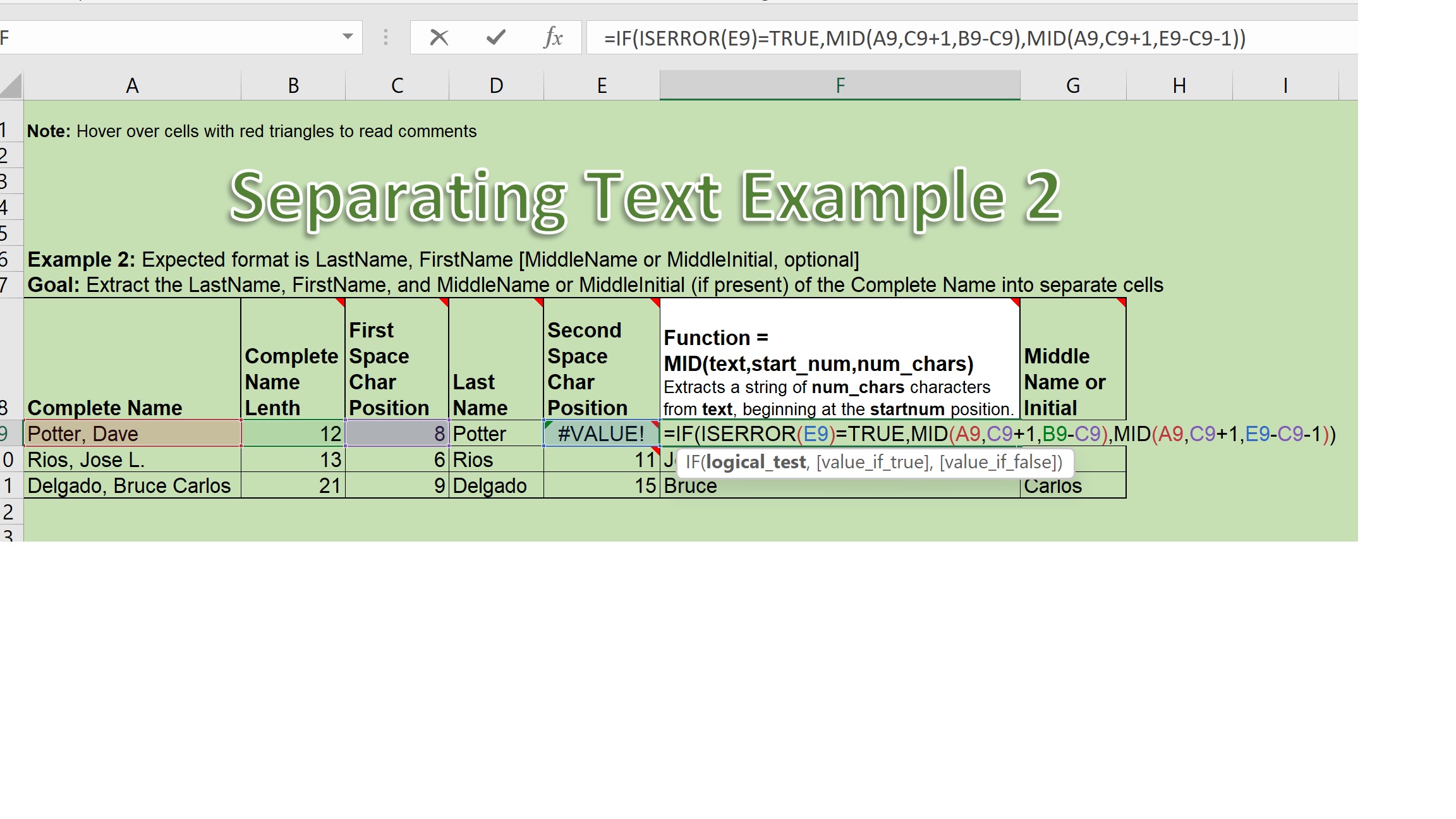 Illustration of Excel's If Function used to extract a "First Name" from a "Complete Name."