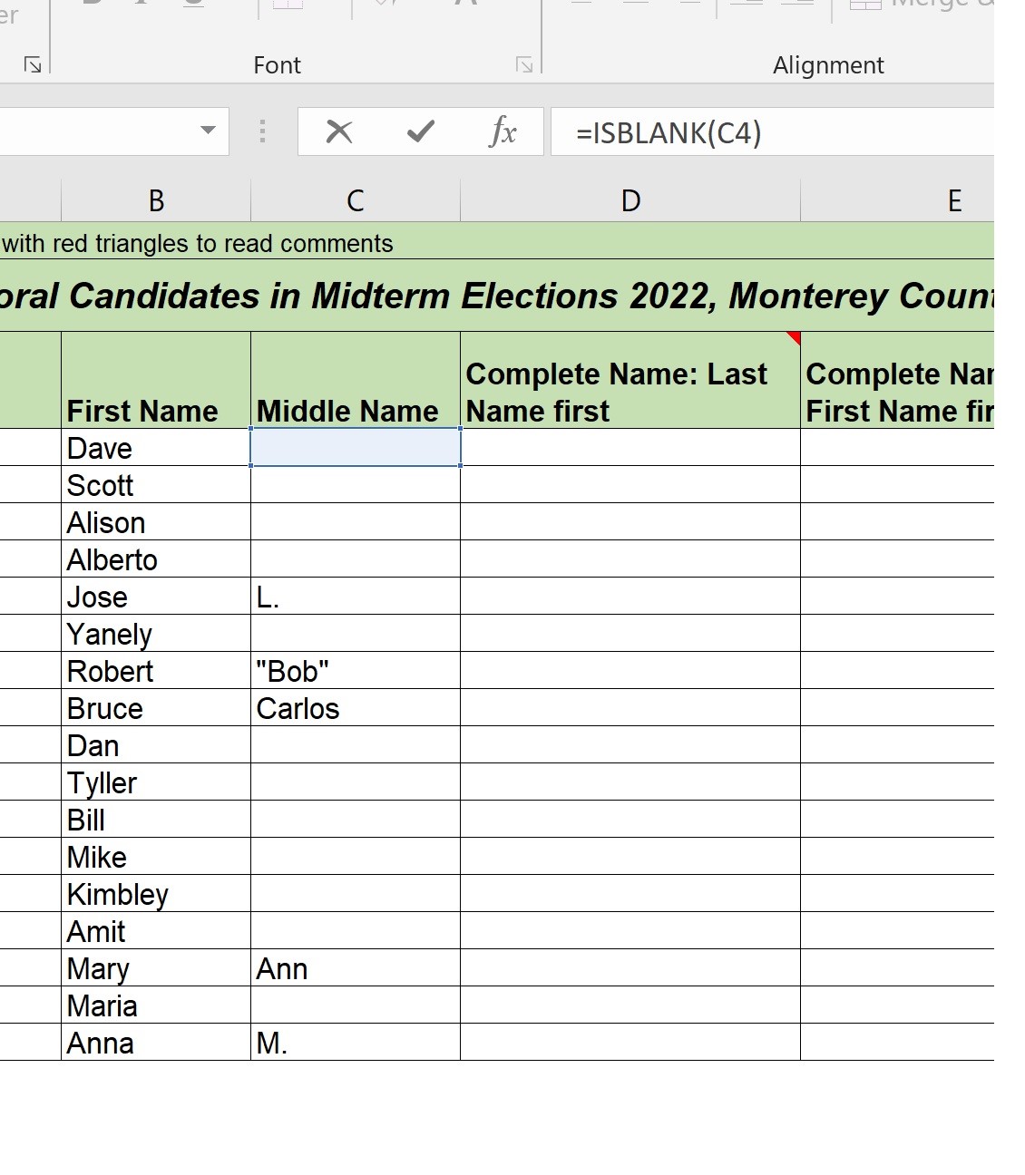 Excel Isblank() Function in formula bar