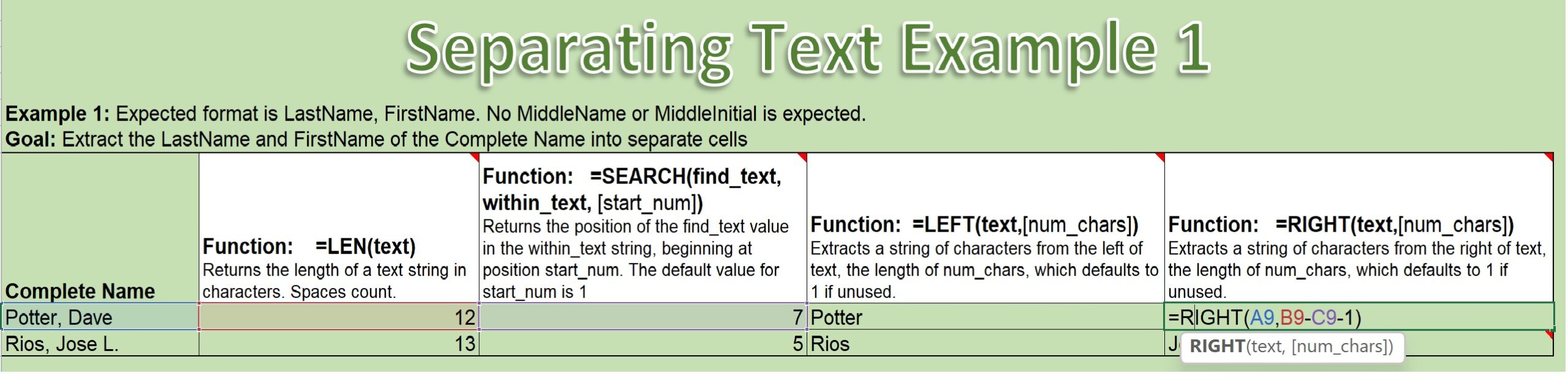 Illustration of Excel's Right() Function used to extract a string of characters from the Right of a text string in a spreadsheet cell.