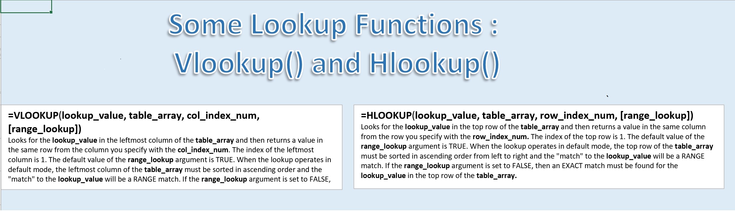 Definitions of Excel Hlookup() and Vlookup() Functions