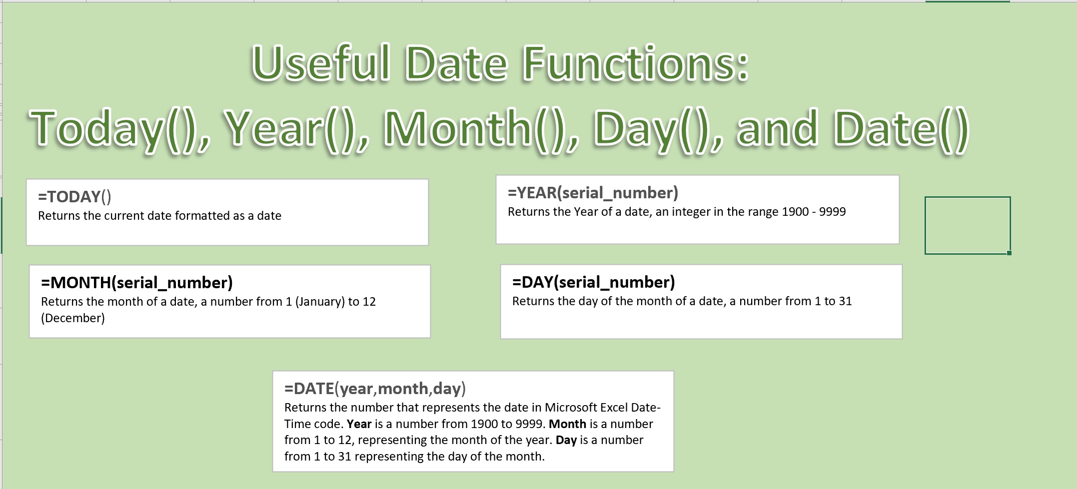 Illustration of five useful Date type functions