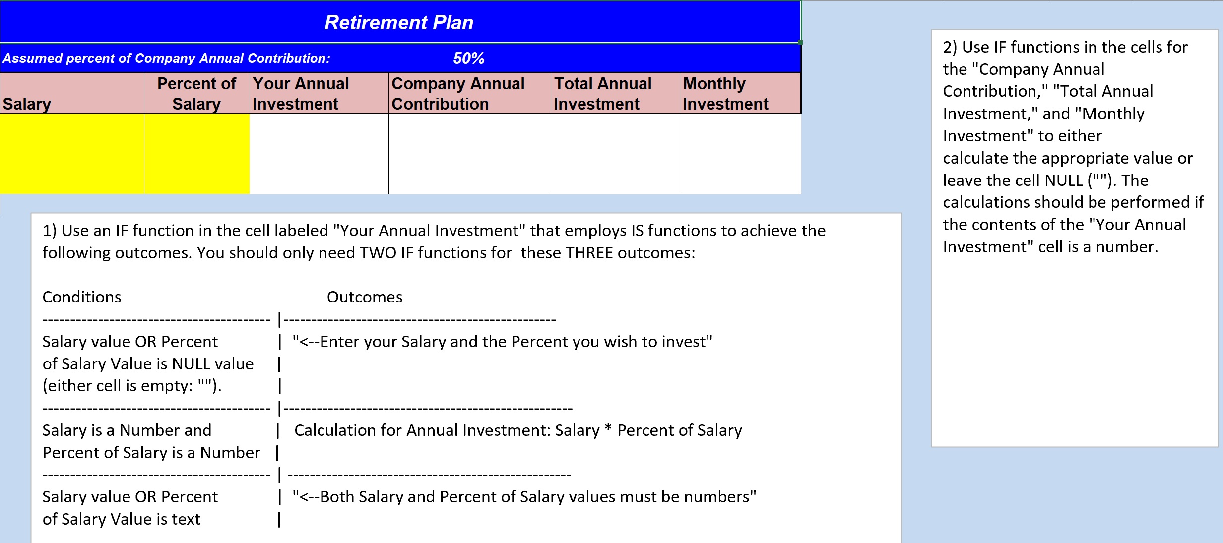 Illustration of a spreadsheet designed to calculate an investment based on some criteria.