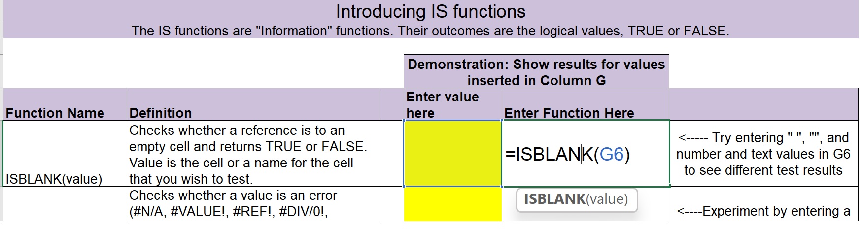 Illustration of Excel's ISBLANK function, applied.